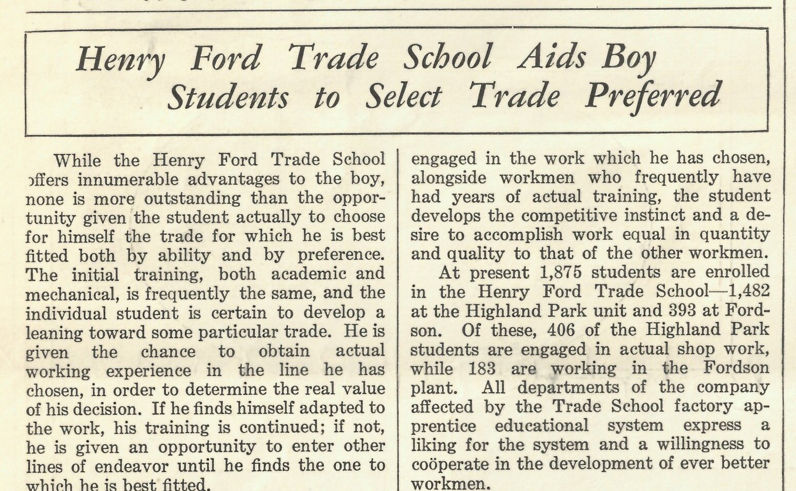 Henry Ford Trade School News Snippet